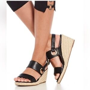 Vionic Tulum Vero Espadrilles Wedge Sandals Black Leather Jute Size 8
